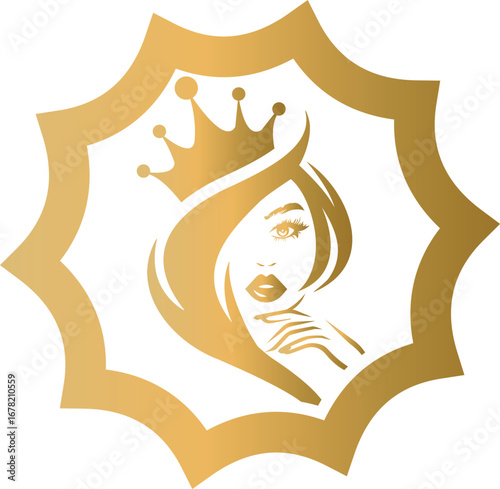 Golden Queen Silhouette Logo with Crown in Starburst Frame
