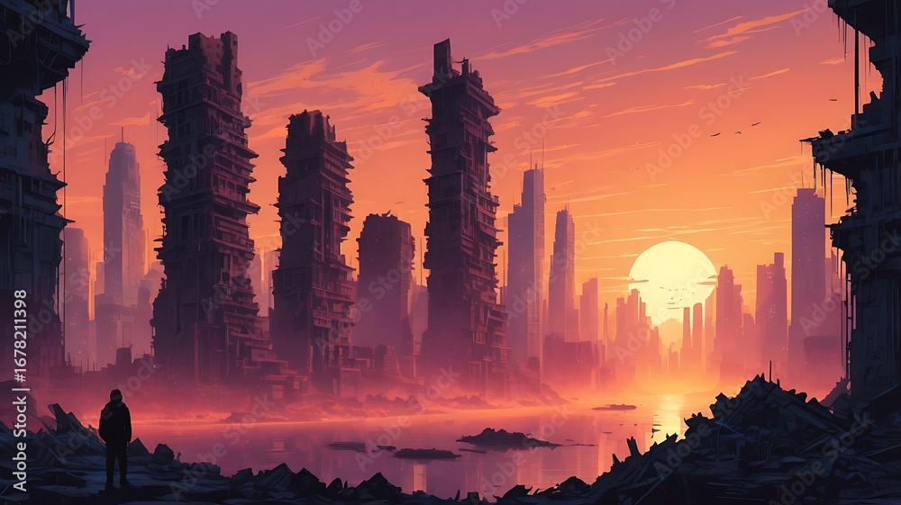 Obraz premium Post-apocalyptic City Ruins at Sunset with Lone Figure