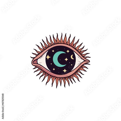 Stylized illustration of an eye with radiating lines, containing a crescent moon and stars against a dark, cosmic background.