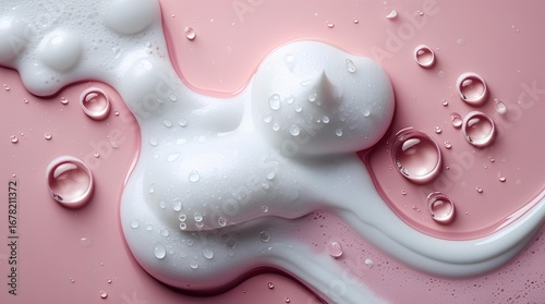 Abstract macro shot of white foam and bubbles on a soft pink surface