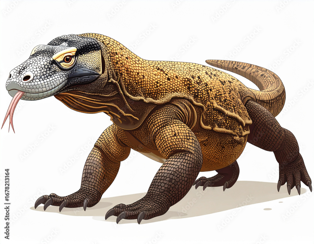 Obraz premium komodo, varanus komodoensis, nusa tenggara, reptil, endemik, vektor, eps10, svg, flat, gradient, poster, line art, wildlife, indonesia, isolated, white background