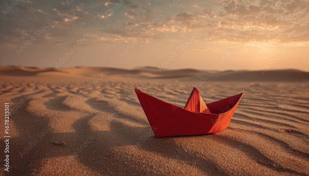 Obraz premium Red origami boat on desert sand at sunrise