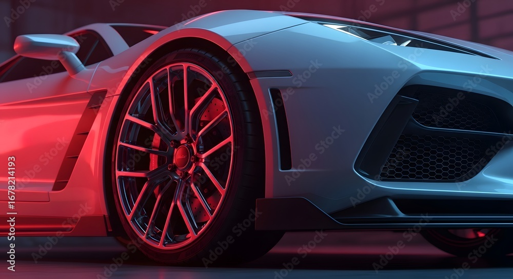 Naklejka premium Modern Sports Car Wheel and Front View Detail