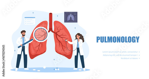 Pulmonology concept. Lungs health. Male and female doctor with large magnifier examines internal organs. Vector illustration in flat cartoon style.