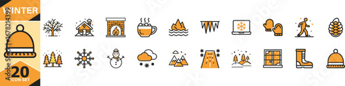 Winter icons set cozy warmth snowflakes fireplace hot drinks gifts tree snowman warm hat and more season elements vector