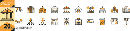 Public services and community icons set representing government buildings law justice education finance and social welfare vector