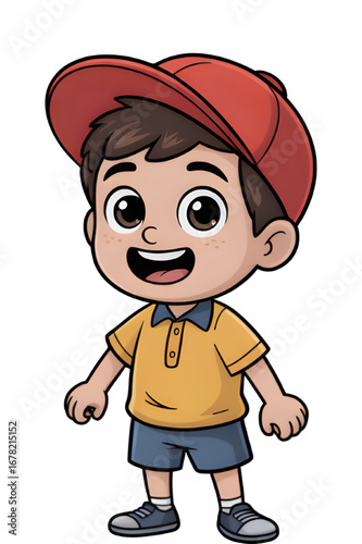 Cheerful cartoon boy with a red cap and yellow shirt standing and smiling brightly at the viewer