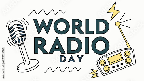 World Radio Day:  Retro-Style Illustration Featuring a Vintage Microphone and Portable Radio, Celebrating Broadcasting and Communication Technology with a Playful and Energetic Mood.