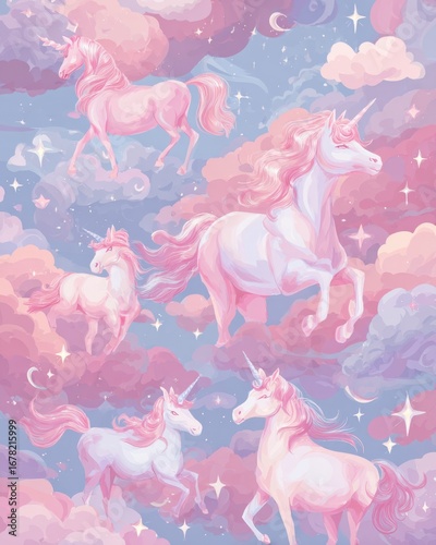 Dreamy pink unicorns in whimsical clouds with stars and pastel colors capturing the essence of fantasy and magic