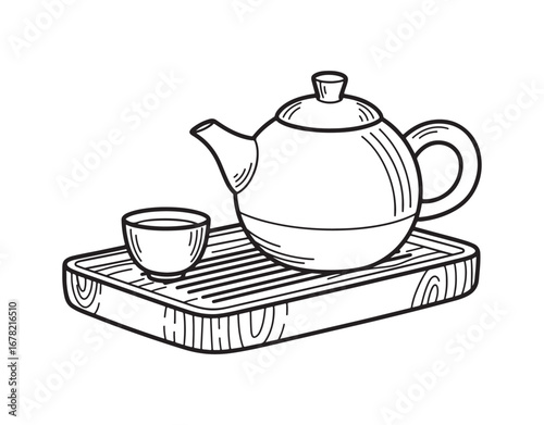 A vector illustration depicting a Chinese tea set, including a teapot and cup, arranged on a wooden tray for the purpose of traditional tea drinking.