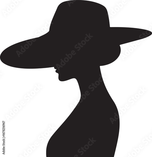 Silhouette of woman in wide brim hat white background