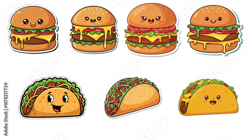 Adorable kawaii style burgers and tacos with happy faces, perfect for food branding, children's menus, and fun graphic design projects, bringing joy and vibrant personality to any culinary theme.