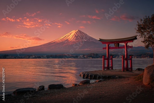 Shrine and mountain at sunset