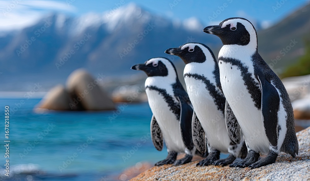 Fototapeta premium a group of penguins standing on the rocks