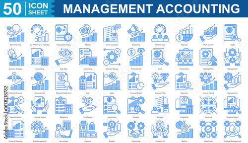 Management Accounting Icon Set Collection Concept With Icon Of benchmarking, key performance indicator, transaction history, inflation, communication, marketing, performance editable stroke eps 10