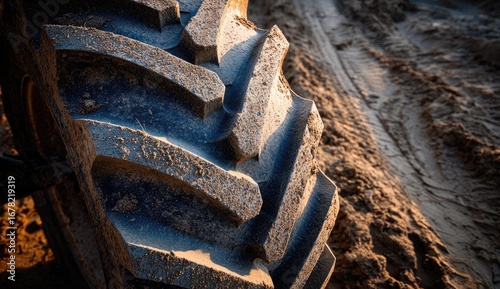 Close-up of a muddy tractor tire on a dirt road