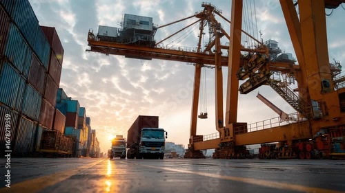 Heavy-duty trucks navigate a busy port at dawn, surrounded by colorful shipping containers and industrial cranes.