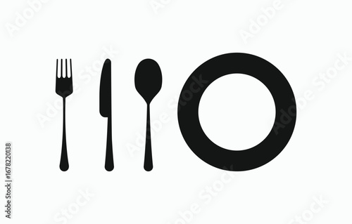 Vector silhouette of cutlery and a plate. Black kitchen utensils and dinnerware set on a white background. Ideal for logos, icons, restaurant branding, or food-related graphics