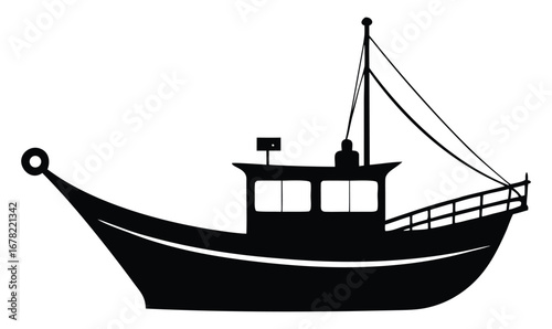Silhouette of a classic fishing boat with detailed rigging and antenna