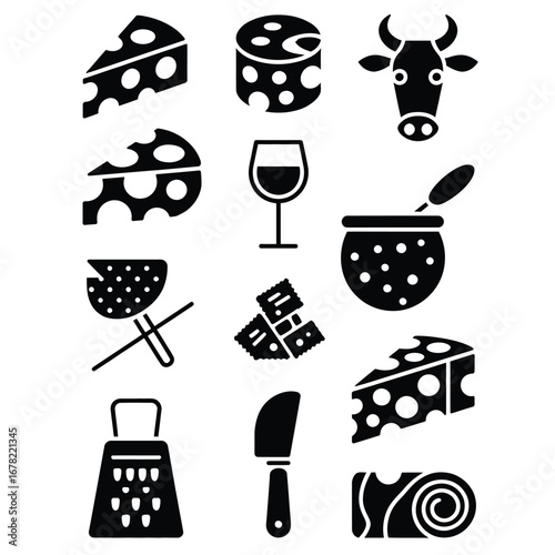 Black and white abstract cheese vector set with wedge, wheel, cracker, cow head, wine glass, fondue pot, grater, bread, knife, and butter icons