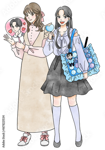 推し活をする女の子二人の全身イラスト