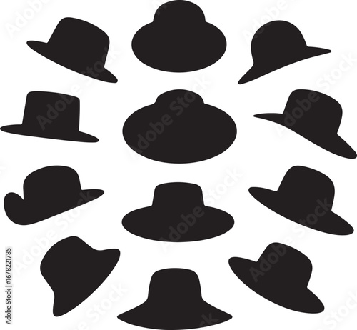 Silhouette of woman in wide brim hat white background