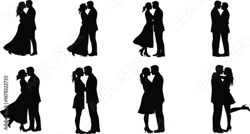 Romantic couple silhouettes, kissing poses, love vector illustration, affection clipart, dating scene, Valentine's Day design, relationship art, emotional embrace