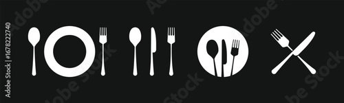 Restaurant vector icon set. A collection of black cutlery and plate silhouettes, including a crossed fork and knife, perfect for menus, logos, food apps, and kitchen-themed designs
