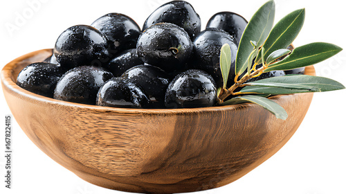 Close up of Kalamata olives in a rustic wooden bowl.