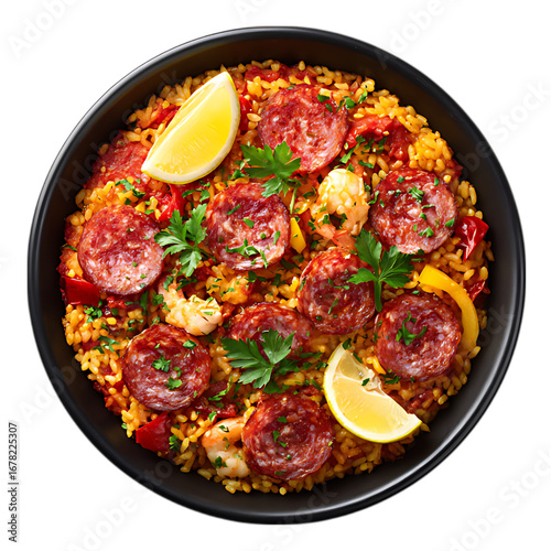 Overhead shot of a paella with chorizo and lemon.