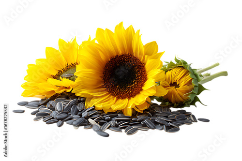 Sunflowers and seeds on black background