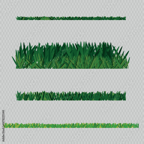 Vector set of lush green grass borders. Different heights and density variations, isolated on transparent background. Perfect for landscaping, design, games, and decoration.