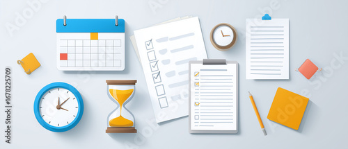 conceptual flat lay of productivity planning with calendar, checklist, hourglass, and task icons symbolizing efficient scheduling and project management, designed on plain white background  