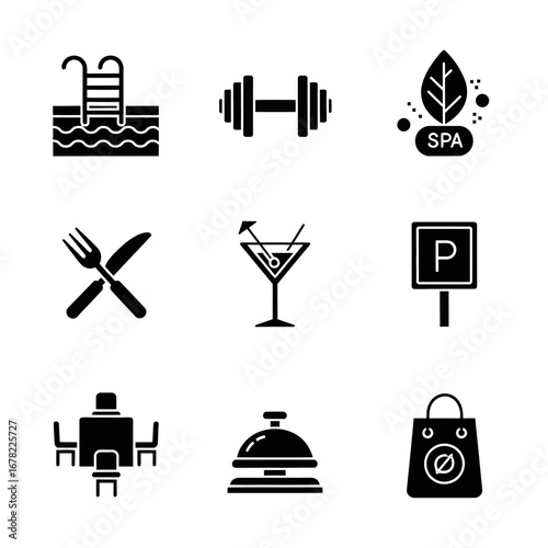 Hotel amenities and services icons for travel and leisure.