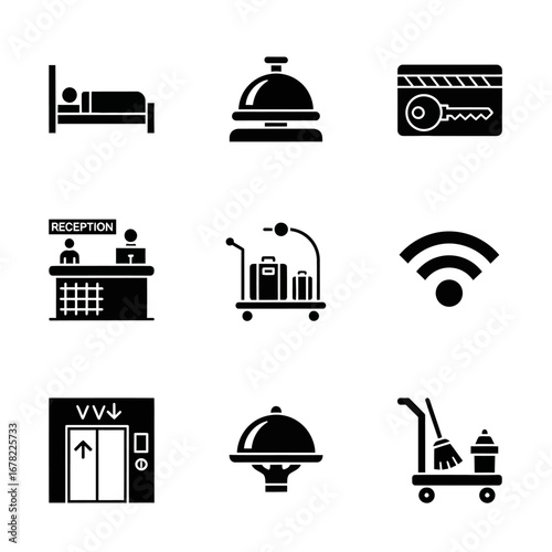 Hotel service icons representing various amenities and facilities for guests.