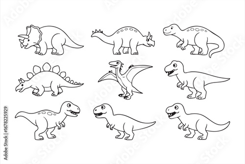 Cute dinosaur doodle vector set with cartoon prehistoric animals illustration