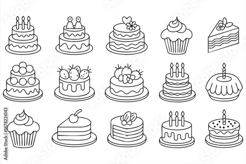 Hand drawn cake doodle set with cupcakes fruit toppings and festive slices
