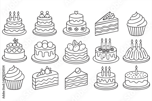Cake and dessert doodle vector set with birthday cupcakes and slices