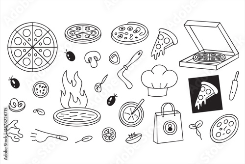 Pizza food doodle pack with delivery bag menu and italian cuisine symbols