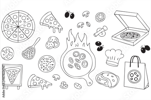 Hand drawn pizza vector set with toppings chef hat and restaurant design