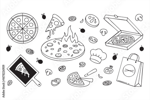 Italian pizza illustration pack with ingredients and fast food elements