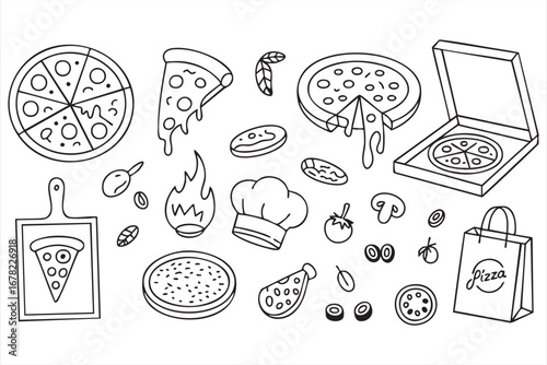 Pizza doodle vector set with slices box toppings and food delivery icons