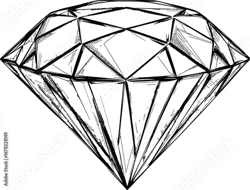 Hand-drawn black-and-white sketch of faceted diamond with geometric brilliance for luxury, jewelry, and artistic design