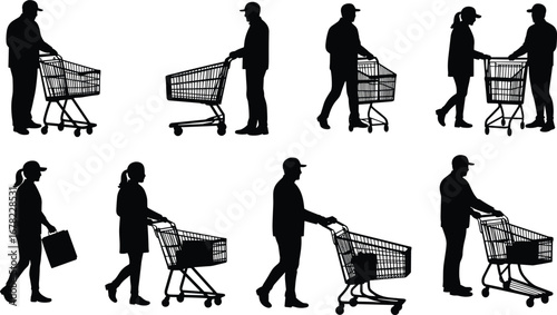 Silhouettes of people shopping with carts and bags, grocery store, market, consumer behavior, shopping activity, retail, commerce, buyers, customers