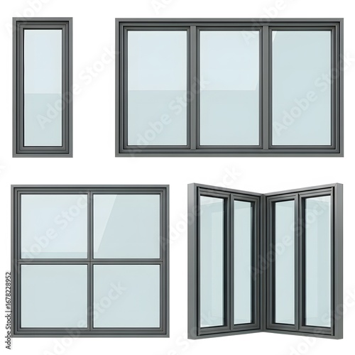 Four Modern Aluminum Windows, Various Styles, Isolated on White.