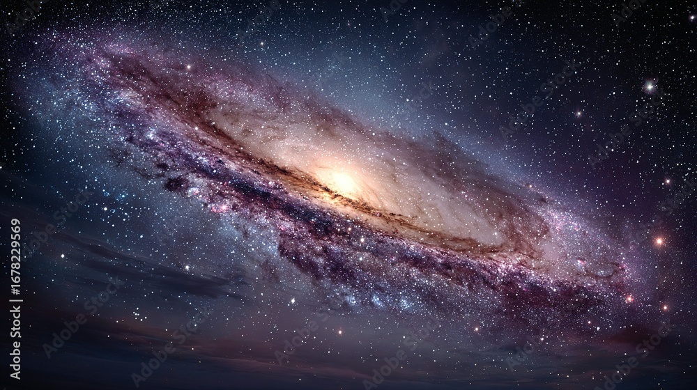 Fototapeta premium Galaxy with bright center and swirling arms against a dark starry background.