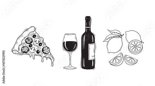 Collection of ink colors representing Italian cuisine for a menu in a fashionable doodle style.
