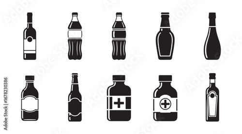 Icon depicting a set of bottles. Black silhouette representation. View from the front. A straightforward vector graphic illustration. An isolated object against a white backdrop. Isolate
