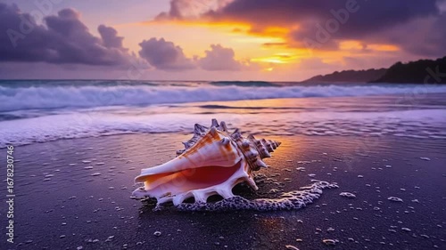 Stunning seashell rests on wet sand as gentle waves lap shore at sunset