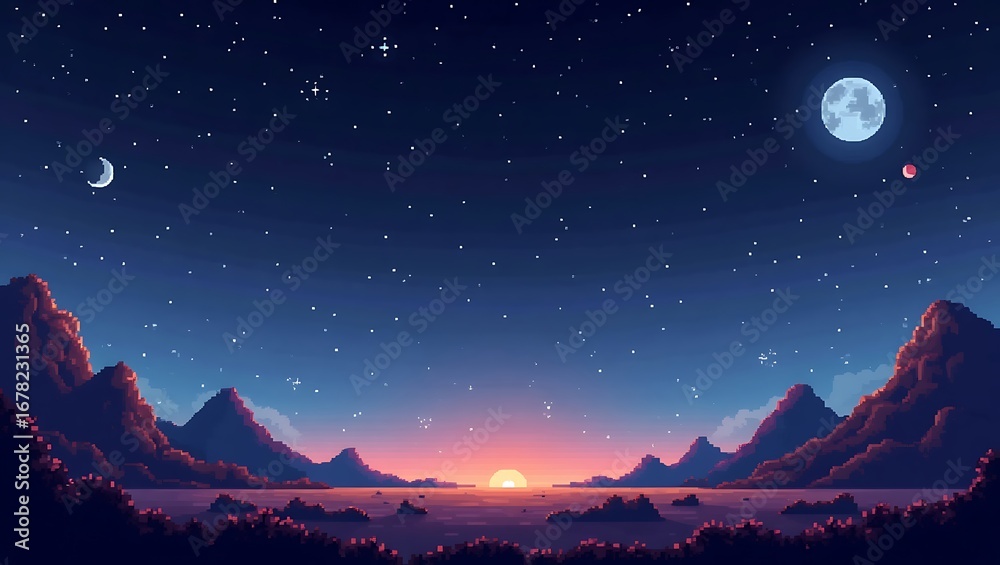 Fototapeta premium Pixel Art Night Sky Landscape with Crescent Moon and Stars over Mountains